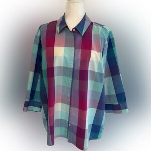 D & Co Button Down 3/4 sleeve plaid top size XL Grandmacore